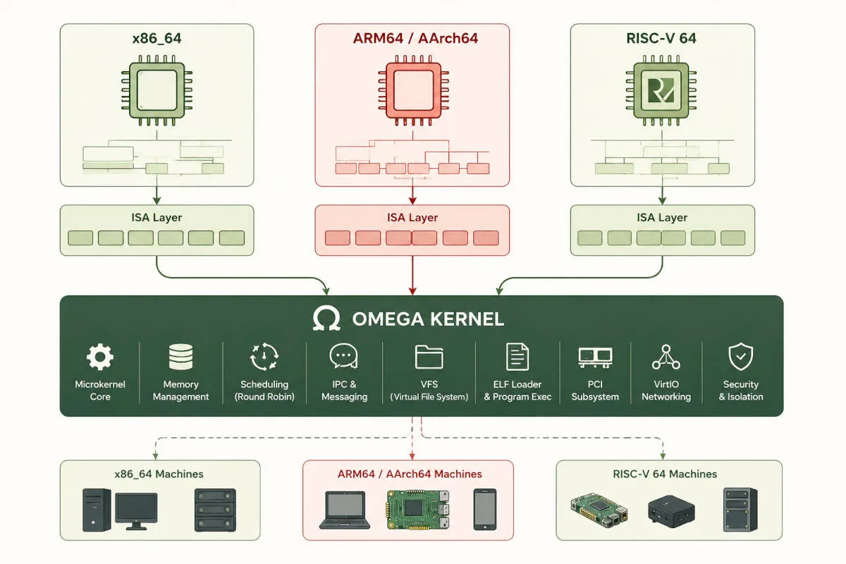 OMEGA kernel platform support for x86_64, AArch64, and RISC-V 64