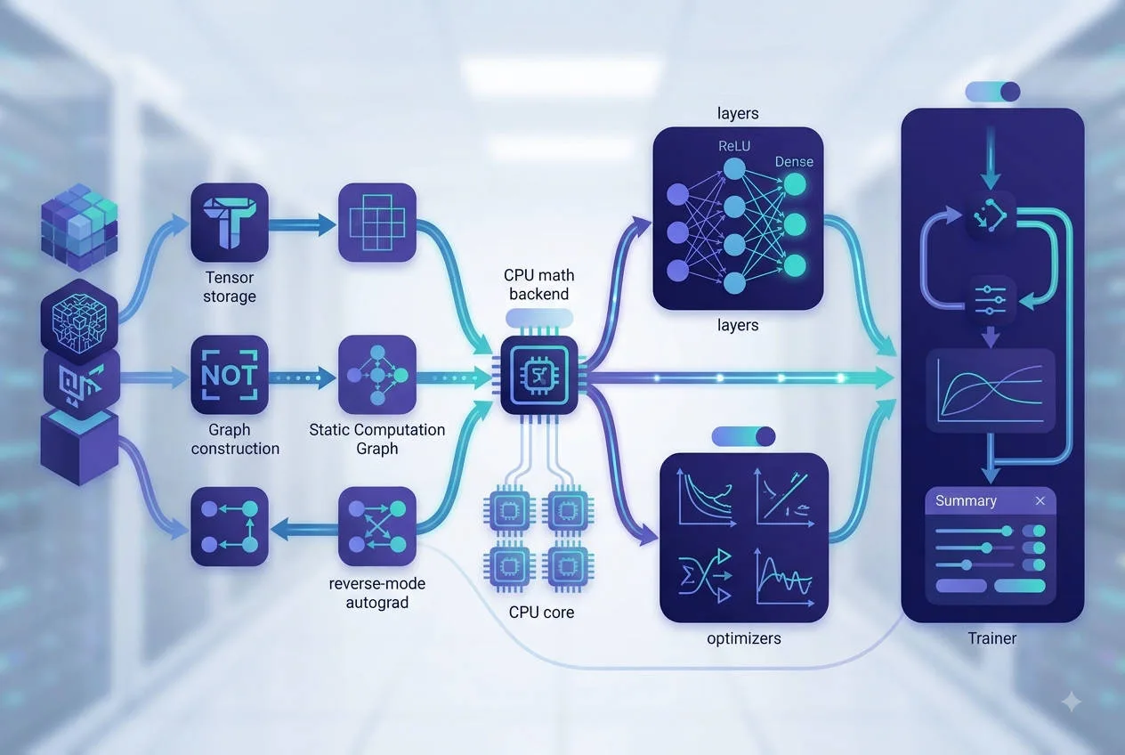 QNET tensor, static graph, autograd, CPU math, and training architecture