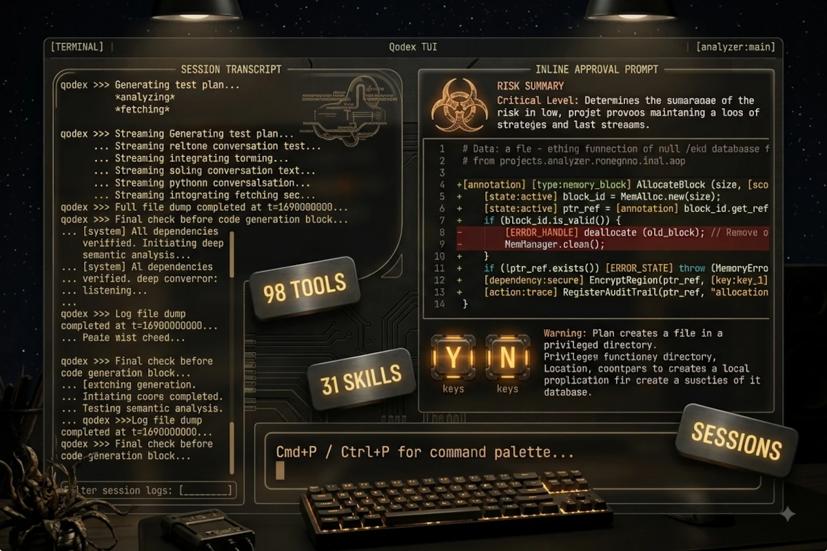 Qodex terminal chat, streaming tokens, inline approvals, and command palette features
